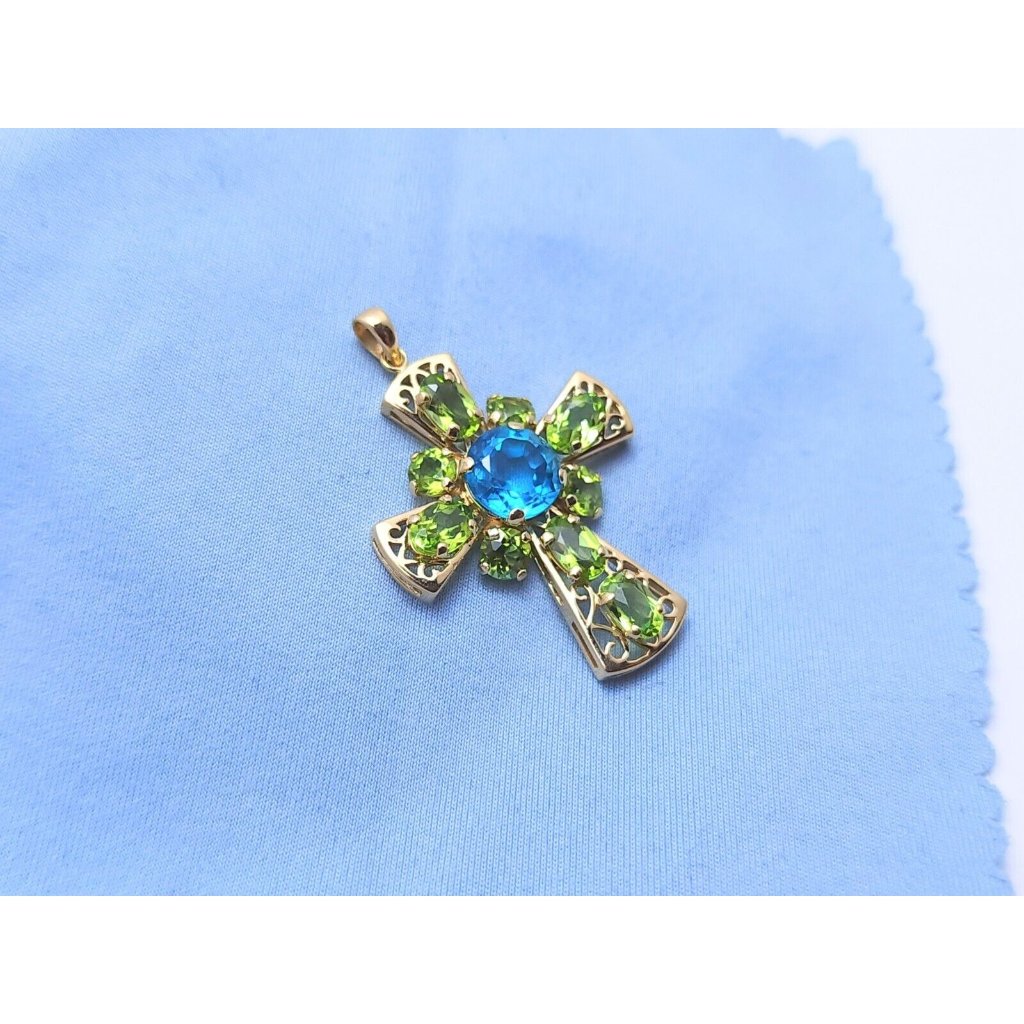 Unique 10k Solid Yellow Gold Designer Peridot  Blue Topaz Cross Charm Pendant